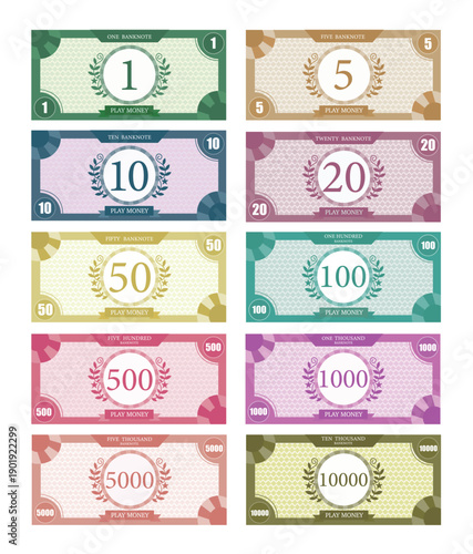 Money for game on a white background,Printable play money from 1 to 10000.banknotes design,Vector  illustrations.