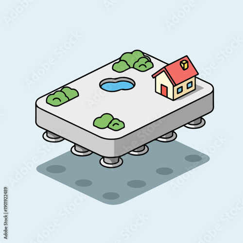 A cartoon house on a hovering platform
