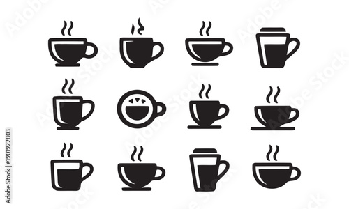 Wallpaper Mural Variety of coffee cup icons in black silhouette style showing different steaming beverages for cafe, coffee shop, and breakfast menu design elements Torontodigital.ca