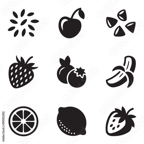 Variety of fresh fruit icons showing cherries blueberries strawberries bananas lemons and lime slices for healthy eating juice recipes and dietary information