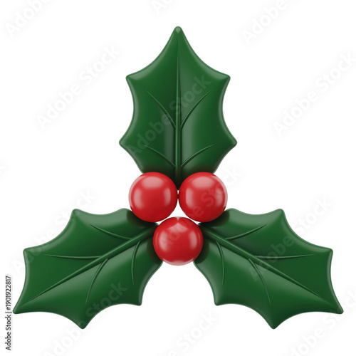 3d rendered christmas holly sprig icon with three berries isolated on transparent background