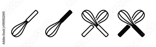 Variety of kitchen whisks for mixing and beating ingredients, single and crossed whisk icons for culinary applications, outline and solid vector
