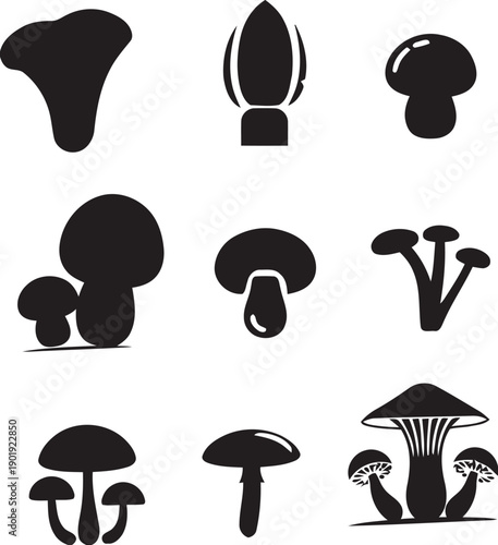 Variety of mushroom shapes and forms, simple black and white icons representing edible fungi and woodland growth