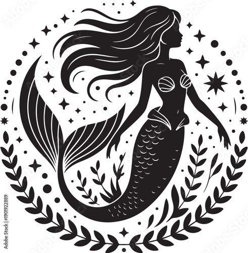 black and white illustration of a mermaid with long hair and a fish tail surrounded by stars and leaves