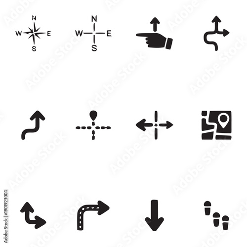 Variety of twelve navigation and directional arrow icons including compasses route markers and traffic indicators