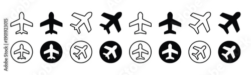 Various airplane icons in outline and solid black and white for flight transportation and travel