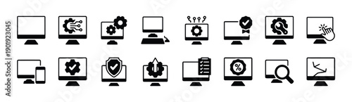 Various computer icons representing system functions like settings diagnostics security data analysis and user interaction for technology and business