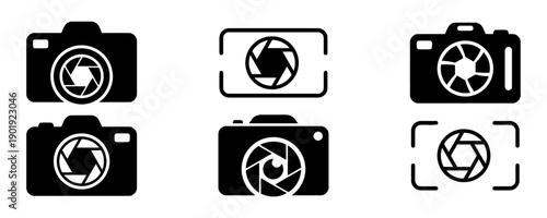 Various camera icons including DSLR and mirrorless styles showing lens aperture and viewfinder frames in black and white vector graphics for photography themes
