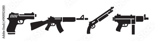 Various firearms including pistol rifle shotgun and submachine gun, representing weapons for security defense and combat in a graphic vector illustration.