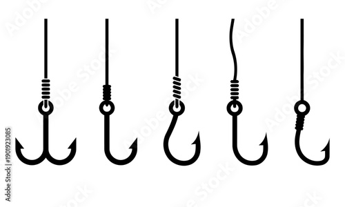 Various fishing hook styles set with different shapes and line attachments isolated on white background for sport or industry