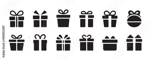 Various gift box icons with ribbons and bows, representing presents, celebrations, and special occasions, simple flat design for holiday and event themes