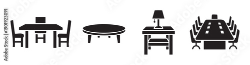 Various furniture items including dining table with chairs, oval coffee table, desk with lamp and bench, and conference table with seating, used for interior design and office spaces.