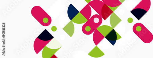 Abstract geometric shapes overlap, creating vibrant colorful pattern. Pink, green, navy dominate composition. Modern design element.