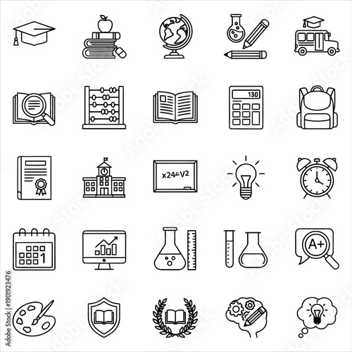 Minimal black line education icon set graduation cap, books, school building, calculator, backpack, lab tools, light bulb, calendar, and learning symbols for study, teaching, and e learning design