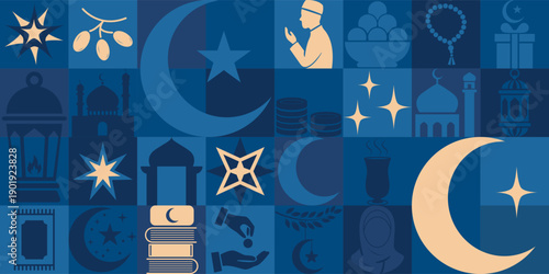 A collection of religious symbol and motif illustrations, featuring the crescent moon, stars, mosque, and lantern on a blue background