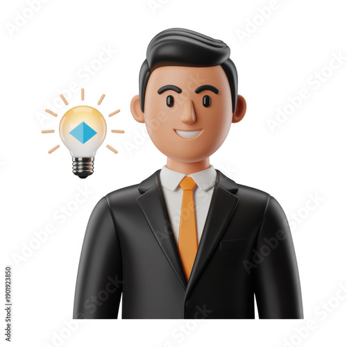 3d render illustration of a cheerful businessman with a glowing lightbulb idea above his head, isolated on transparent background