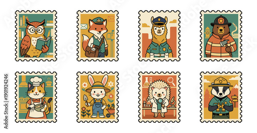 Retro Flat Vector Animal Professional Characters Postage Stamp Collection for Childrens Educational Stationery