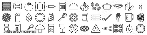 Italian cuisine line icon set. Vector pictograms of pasta, tomato, garlic, olive, rolling pin, pot, grater, whisk, mushroom, and wine, thin outline illustration.