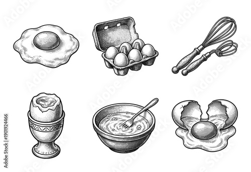 Set of vintage woodcut style illustrations featuring farm fresh eggs, cooking tools, and prepared breakfast items.