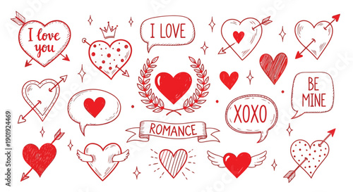 A delightful assortment of red heart shapes and symbols on a white background