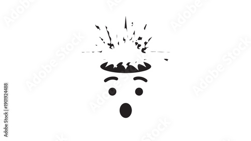 Surprised face with exploding head in black ink splatter on white background for emotional expression
