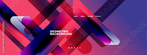 Abstract geometric design. Vibrant colors overlap creating dynamic visual effect. Navigation links present top right corner.