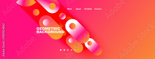 Vibrant pink orange gradient background. Geometric shapes overlap text, navigation links present. Modern design, clean aesthetic.