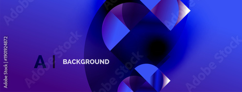 Abstract design features vibrant blue gradients, circular shapes, dark center. Text reads AI BACKGROUND. Modern, dynamic visual presentation.