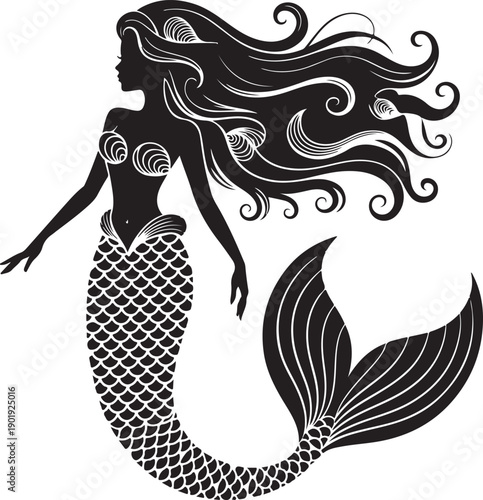 black and white illustration of a mermaid with long hair
