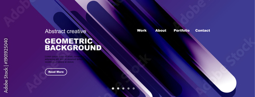 Abstract geometric background design. Purple, blue hues create modern website header or banner. Text elements present.