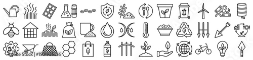 Ecology and sustainability line icon set. Vector pictograms of wind turbine, recycling, seedling, bee, compost, watering can, and bicycle, thin outline illustration.