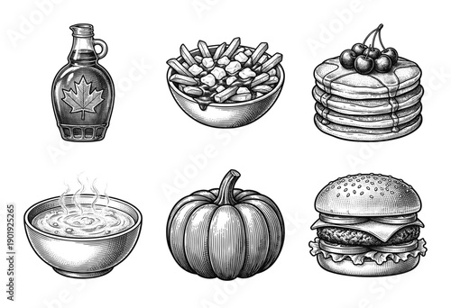 Set of hand drawn vintage food and ingredient illustrations featuring maple syrup poutine pancakes soup pumpkin and cheeseburger in woodcut engraving style