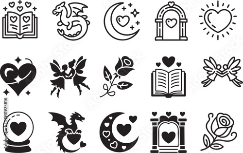 Fantasy and magical elements including dragon fairy moon rose arch and enchanted book symbolizing dreams and stories