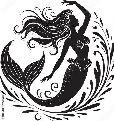 black silhouette of a beautiful mermaid swimming in the ocean waves