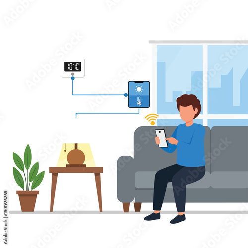 A man controls smart home devices with his smartphone