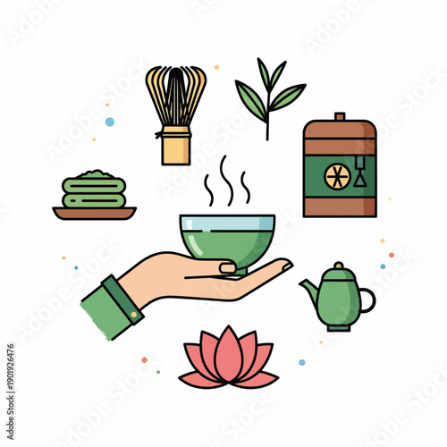 A hand holding a steaming cup of green tea