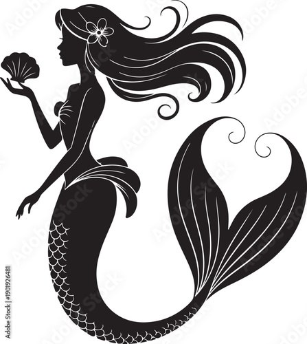 black silhouette of a mermaid holding a seashell to her ear