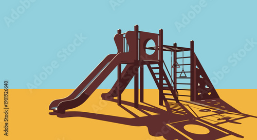 Brown graphic illustration of a playground structure with a slide casts a long, stark shadow on yellow ground, creating a lonely and nostalgic mood under a clear blue sky
