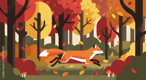 Stylized orange fox running through a vibrant autumn forest with red and yellow trees, a flat design vector illustration of a beautiful seasonal woodland landscape