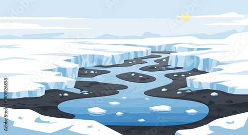 Melting glacier with a winding river of meltwater flowing through a vast, icy landscape with floating icebergs under a pale sun, a flat vector illustration