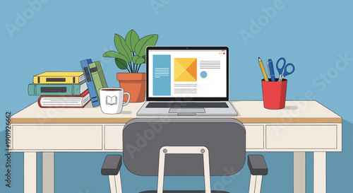 Modern home office desk illustration with an open laptop, a stack of books, a potted plant, and stationery, representing a cozy remote work or study environment