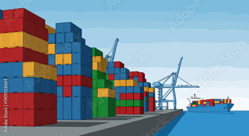 Colorful shipping containers stacked high at a busy port with a cargo ship and gantry crane, illustrating global trade and logistics in a flat vector cartoon style