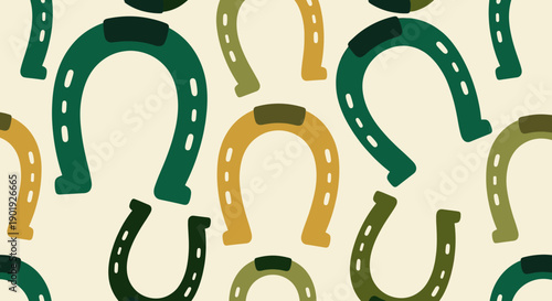 Seamless pattern of green and yellow horseshoes in a flat graphic style, a repeating equestrian symbol of good luck and fortune on a light cream colored background