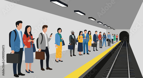 Diverse group of faceless business people and commuters standing in a line on a subway platform, waiting for a train in a modern underground station illustration