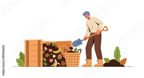 Flat vector illustration of a man making compost by putting organic food waste and leaves from a basket into a wooden bin with a shovel, isolated on a white background