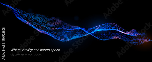 Futuristic data array visualization with flowing particle waves and digital interface representing big data analysis, pattern recognition, artificial intelligence, machine learning vector background