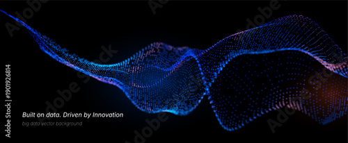 Futuristic data array visualization with flowing particle waves and digital interface representing big data analysis, pattern recognition, artificial intelligence, machine learning vector background