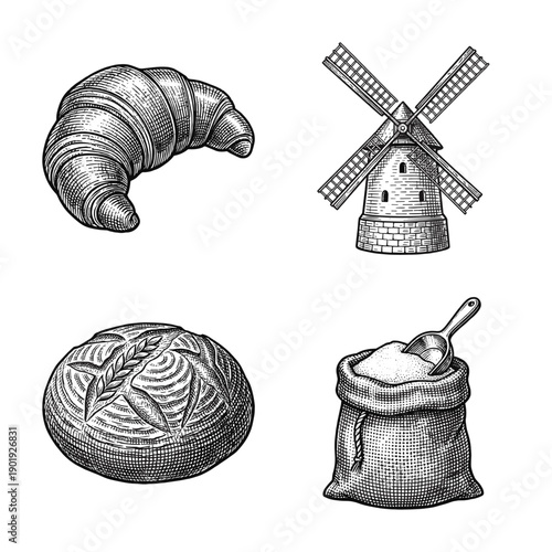 Vintage engraving style bakery set featuring a croissant, windmill, artisan sourdough bread loaf, and a sack of flour with a scoop.