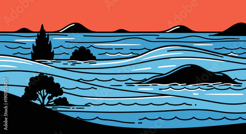 Bold graphic illustration of a tranquil seascape with blue waves, black silhouetted islands and trees, and a striking solid orange sky creating a minimalist, modern aesthetic