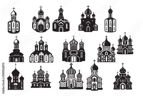 Collection of day black and white silhouette icons of various Eastern Orthodox churches and cathedrals religious